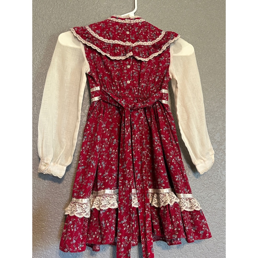 Vintage Gunne Sax Girls Dress 6X Burgundy Floral Lace Prairie Victorian Red - Picture 2 of 16